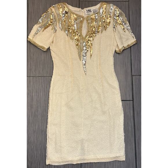 Niteline Dresses & Skirts - Vintage Niteline Ivory Beaded Mini Silk Dress Size 4 Lined Sheath Gold/Silver